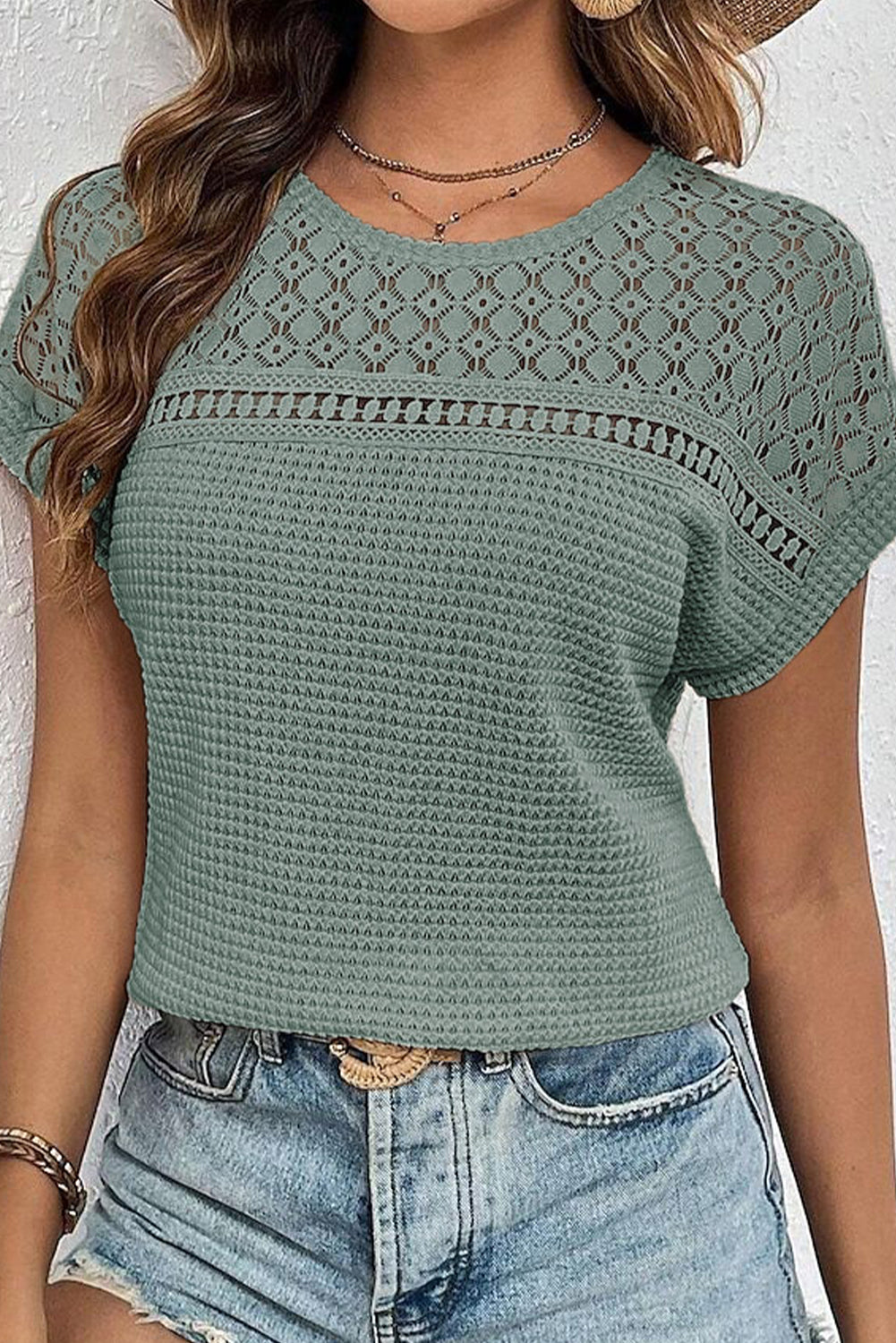 LIGHT GREEN LACE WAFFLE S/S