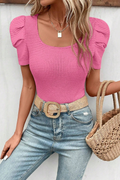 HOT PINK WAFFLE KNIT PUFF SLEEVE BLOUSE