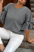 BLACK CURVY PLAID BOW SLEEVE BLOUSE