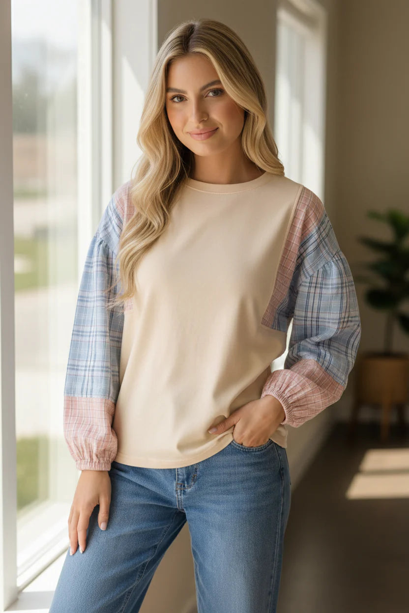 LIGHT YELLOW PATCHWORK LONG SLEEVE TOP