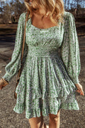 GREEN FLORAL LONG SLEEVE MINI DRESS