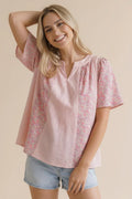 SHORT SLEEVE PINK FLORAL/ STRIPE BLOUSE