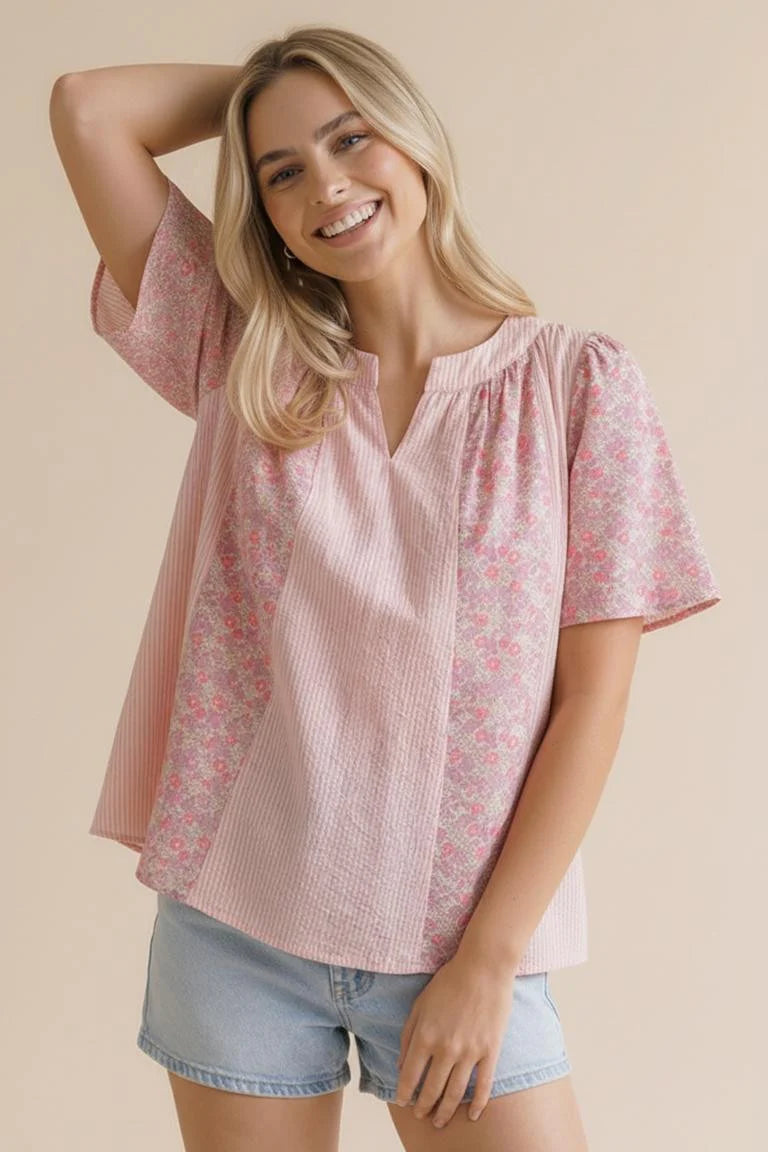 SHORT SLEEVE PINK FLORAL/ STRIPE BLOUSE
