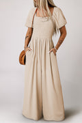 BEIGE SMOCKED S/S JUMPSUIT WITH POCKETS