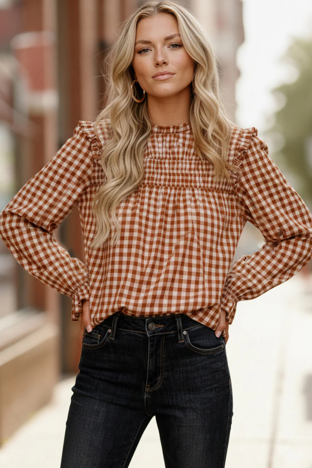 ORANGE & WHITE GINGHAM HIGH NECK BLOUSE