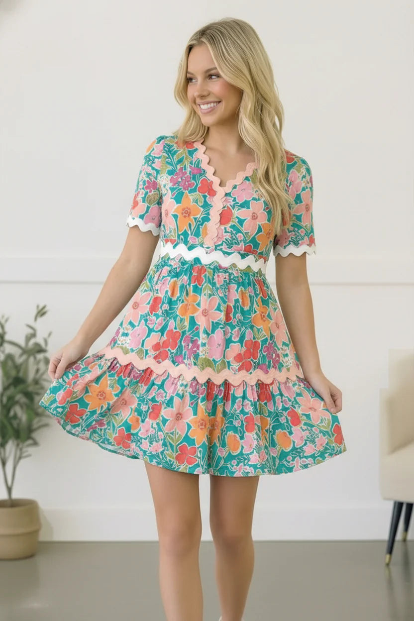 TIERED- TEAL FLORAL DRESS