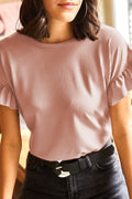 MAUVE RIBBED RUFFLE S/S TOP