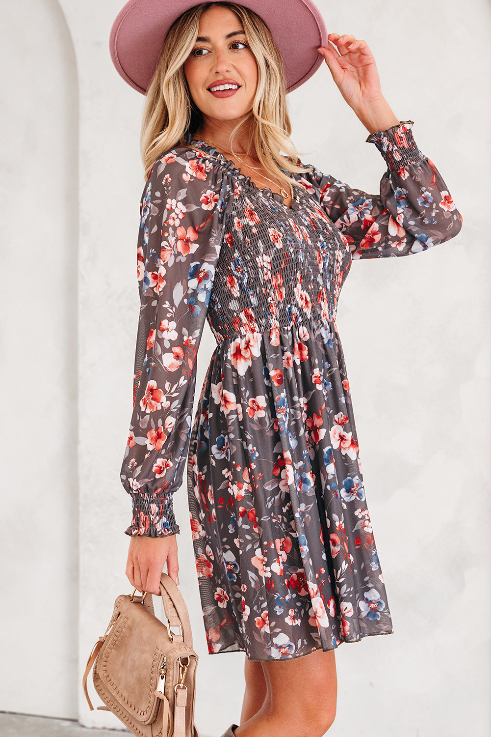BROWN FRILLY SMOCKED L/S MINI DRESS