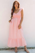 PINK V NECK FLOWY MAXI DRESS