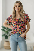 SHORT SLEEVE BLACK FLORAL BLOUSE