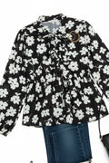 BLACK AND WHITE FLORAL BLOUSE WITH BOWS