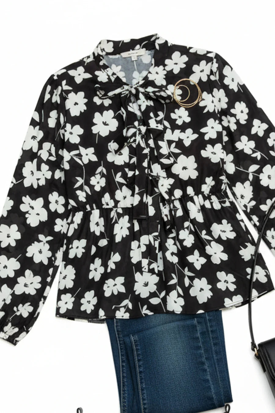 BLACK AND WHITE FLORAL BLOUSE WITH BOWS